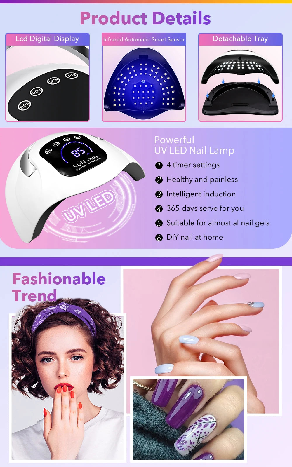 X19 MAX UV LED Nail Drying Lamp Professional UV Nail Art Dryer Light for Gel Nails 72 Beads Fast Curing Gel Polish Lamp