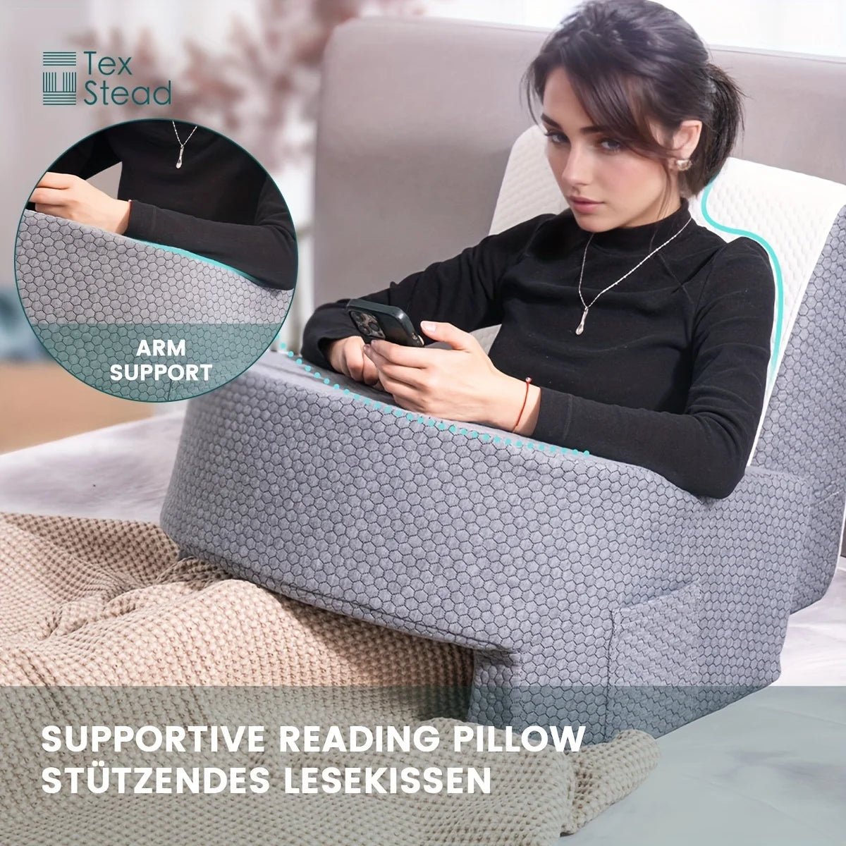 Reading Pillow with Arm Rest and Lap Desk – Perfect for Gaming, Working, and Floor Sitting, with Removable & Washable Cover