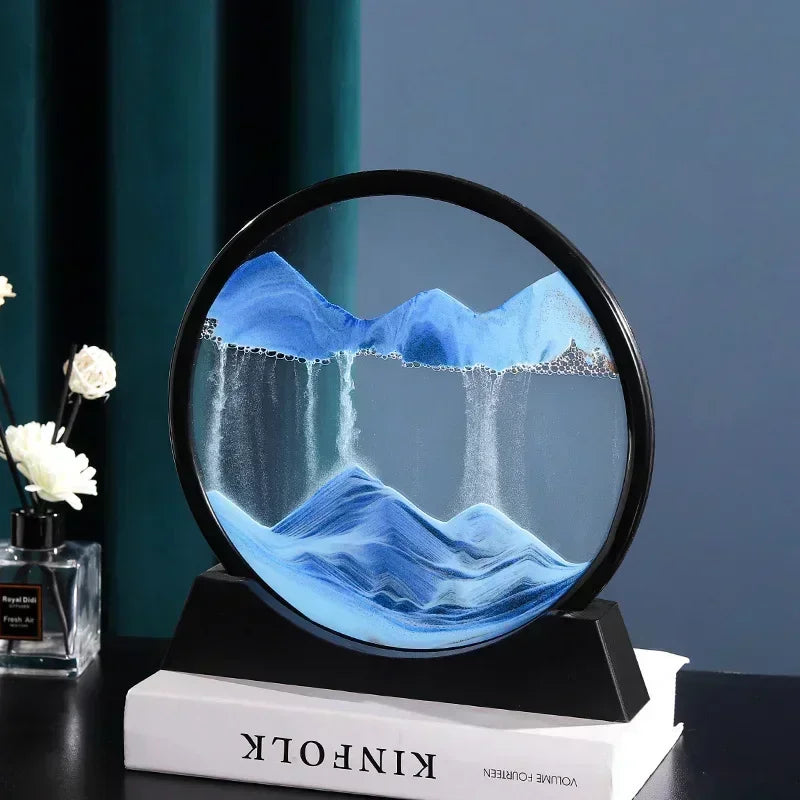 3D Moving Sand Art Picture – Round Glass Deep Sea Sandscape Hourglass Quicksand Flowing Sand Painting for Office & Home Decor Gift