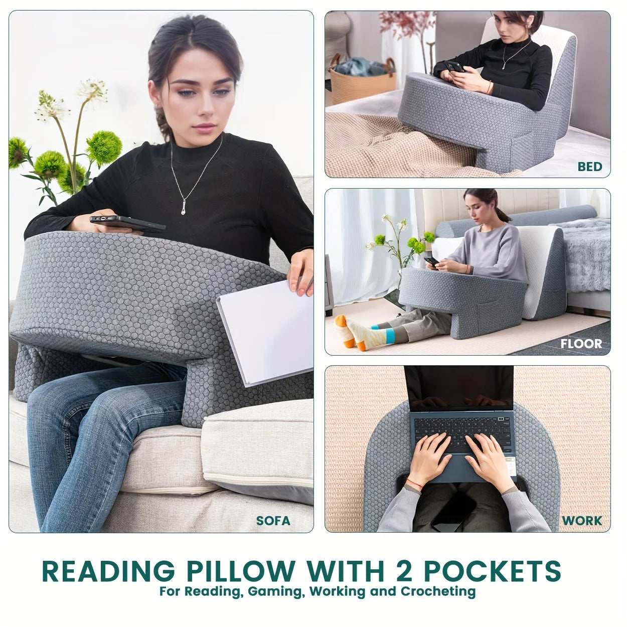 Reading Pillow with Arm Rest and Lap Desk – Perfect for Gaming, Working, and Floor Sitting, with Removable & Washable Cover