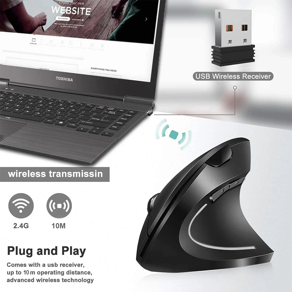 Vertical Ergonomic Wireless Mouse - 2.4GHz Optical, 3 Adjustable DPI (800/1200/1600), 6 Buttons for Laptop, PC, and Desktop