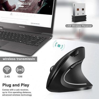 Vertical Ergonomic Wireless Mouse - 2.4GHz Optical, 3 Adjustable DPI (800/1200/1600), 6 Buttons for Laptop, PC, and Desktop