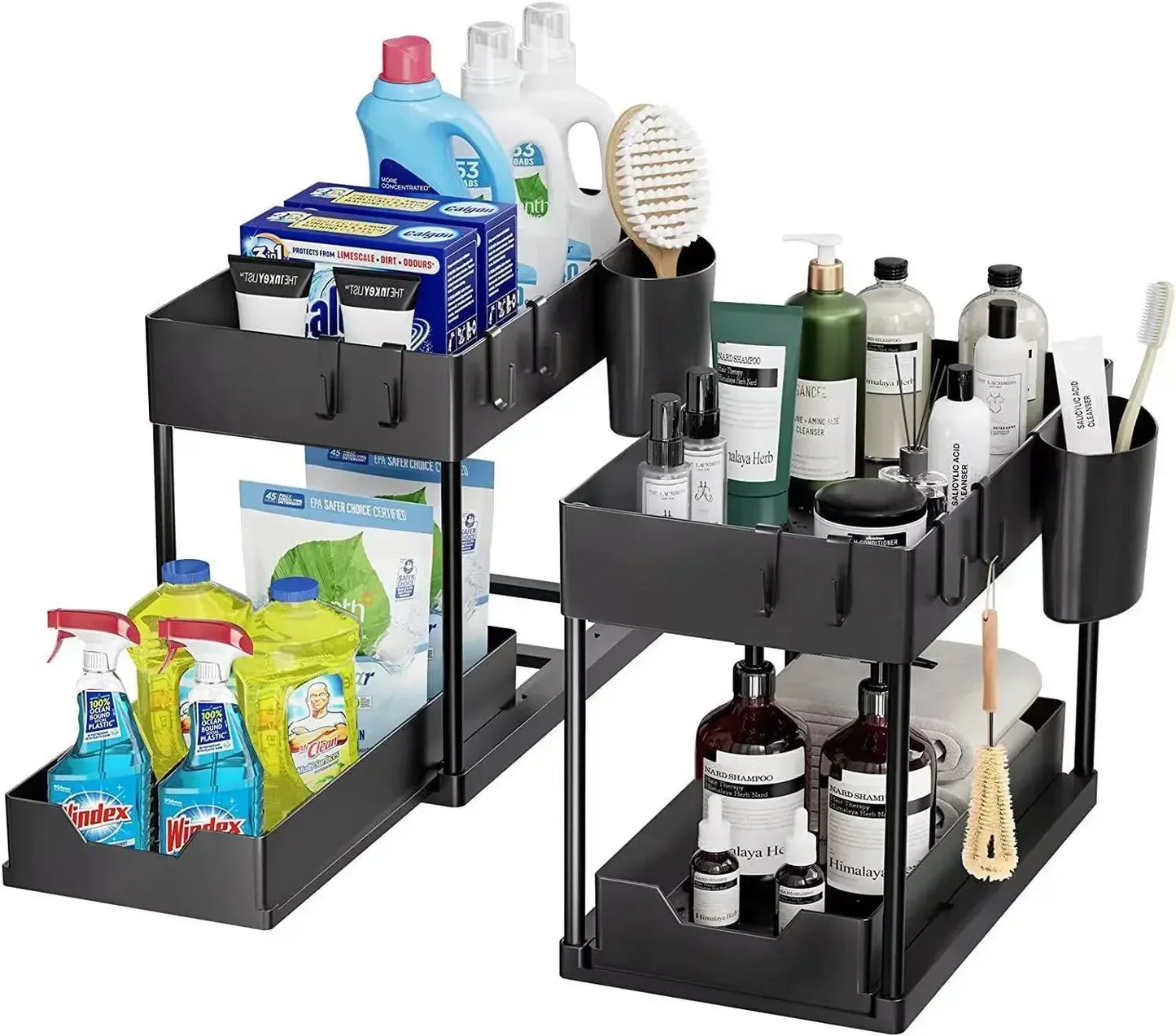 2 Tier Organizer Sliding Cabinet Basket – Storage Rack with Hooks for Bathroom, Kitchen, Under Sink Organization