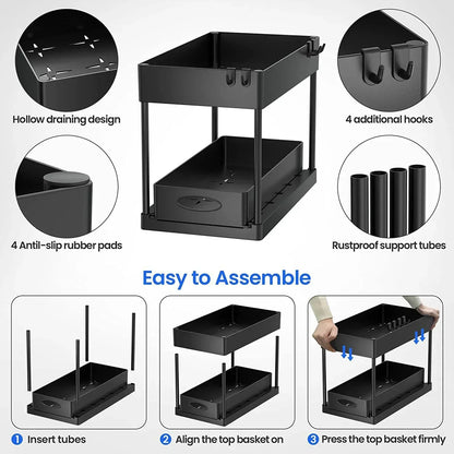 2 Tier Organizer Sliding Cabinet Basket – Storage Rack with Hooks for Bathroom, Kitchen, Under Sink Organization