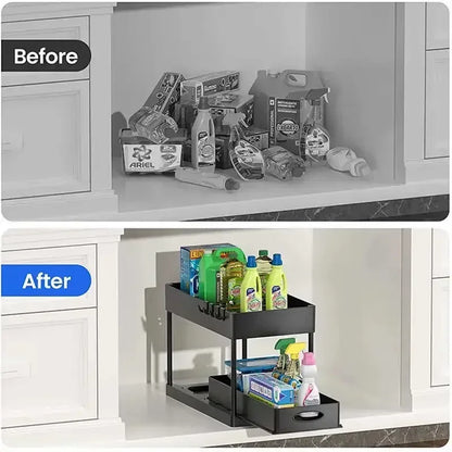 2 Tier Organizer Sliding Cabinet Basket – Storage Rack with Hooks for Bathroom, Kitchen, Under Sink Organization