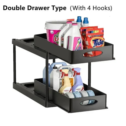 2 Tier Organizer Sliding Cabinet Basket – Storage Rack with Hooks for Bathroom, Kitchen, Under Sink Organization