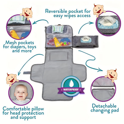 Portable Diaper Changing Pad for Newborn Baby – Waterproof Travel Changing Kit with Smart Wipes Pocket