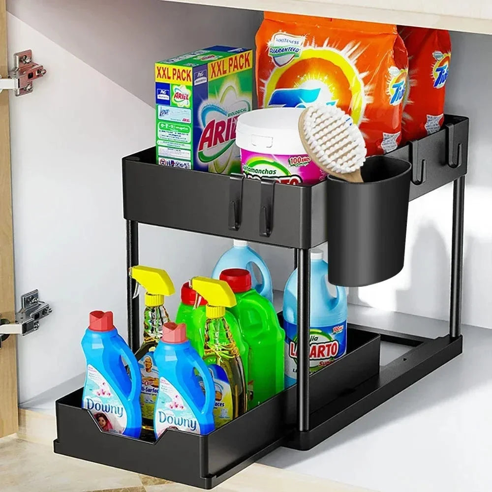 2 Tier Organizer Sliding Cabinet Basket – Storage Rack with Hooks for Bathroom, Kitchen, Under Sink Organization