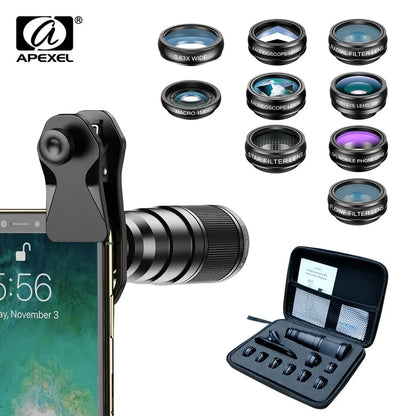 APEXEL 10 in 1 Mobile Phone Lens Kit – 22X Telephoto, Fisheye, Wide Angle, Macro Lens & CPL Star Flow Filters for Smartphones