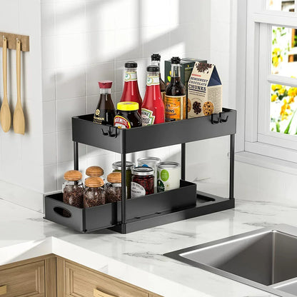 2 Tier Organizer Sliding Cabinet Basket – Storage Rack with Hooks for Bathroom, Kitchen, Under Sink Organization