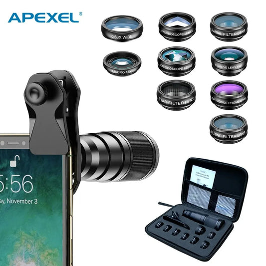 APEXEL 10 in 1 Mobile Phone Lens Kit – 22X Telephoto, Fisheye, Wide Angle, Macro Lens & CPL Star Flow Filters for Smartphones