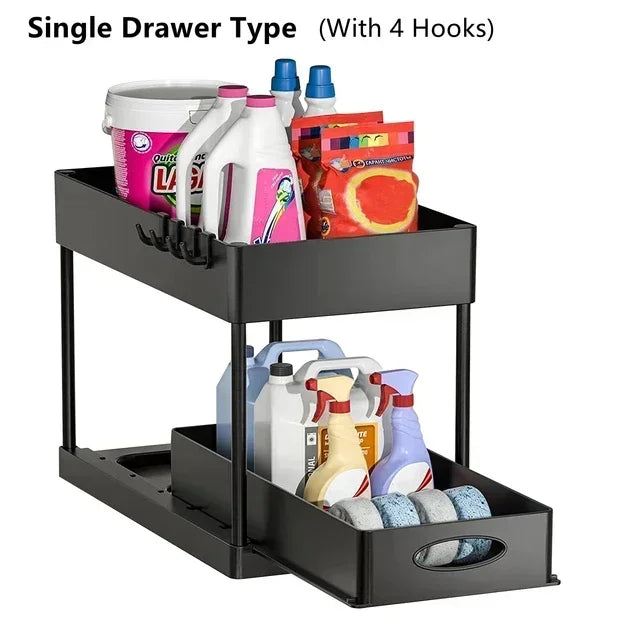 2 Tier Organizer Sliding Cabinet Basket – Storage Rack with Hooks for Bathroom, Kitchen, Under Sink Organization