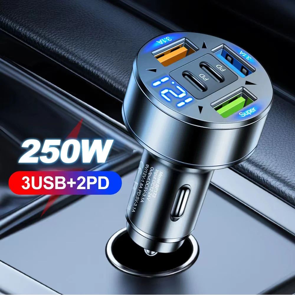 250W 5 Ports Car Charger – Fast Charging PD & QC3.0 USB-C Adapter for iPhone, Samsung, Huawei, Xiaomi