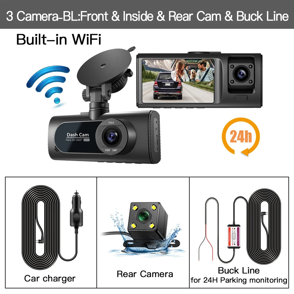 3 Channel WiFi Car DVR HD 1080P 3-Lens Vehicle Dash Cam Three Way Camera DVRs Recorder Video Registrator Dashcam Camcorder