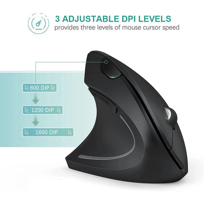 Vertical Ergonomic Wireless Mouse - 2.4GHz Optical, 3 Adjustable DPI (800/1200/1600), 6 Buttons for Laptop, PC, and Desktop