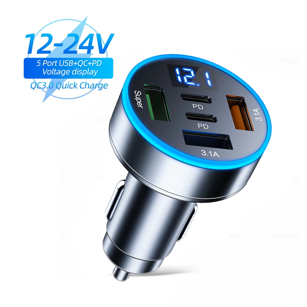 250W 5 Ports Car Charger – Fast Charging PD & QC3.0 USB-C Adapter for iPhone, Samsung, Huawei, Xiaomi