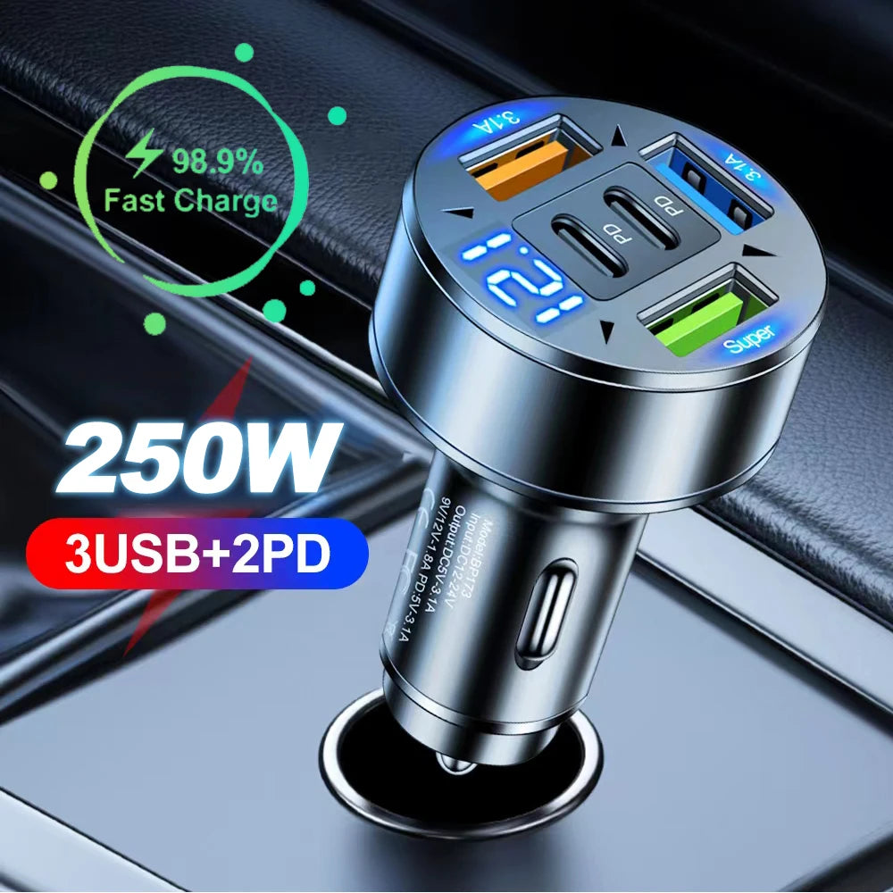 250W 5 Ports Car Charger – Fast Charging PD & QC3.0 USB-C Adapter for iPhone, Samsung, Huawei, Xiaomi