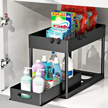 2 Tier Organizer Sliding Cabinet Basket – Storage Rack with Hooks for Bathroom, Kitchen, Under Sink Organization