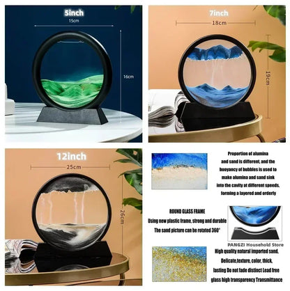 3D Moving Sand Art Picture – Round Glass Deep Sea Sandscape Hourglass Quicksand Flowing Sand Painting for Office & Home Decor Gift