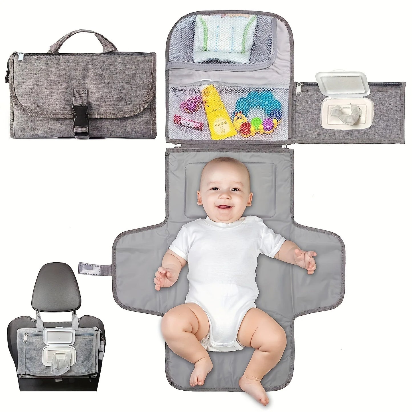 Portable Diaper Changing Pad for Newborn Baby – Waterproof Travel Changing Kit with Smart Wipes Pocket