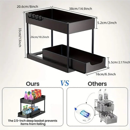 2 Tier Organizer Sliding Cabinet Basket – Storage Rack with Hooks for Bathroom, Kitchen, Under Sink Organization