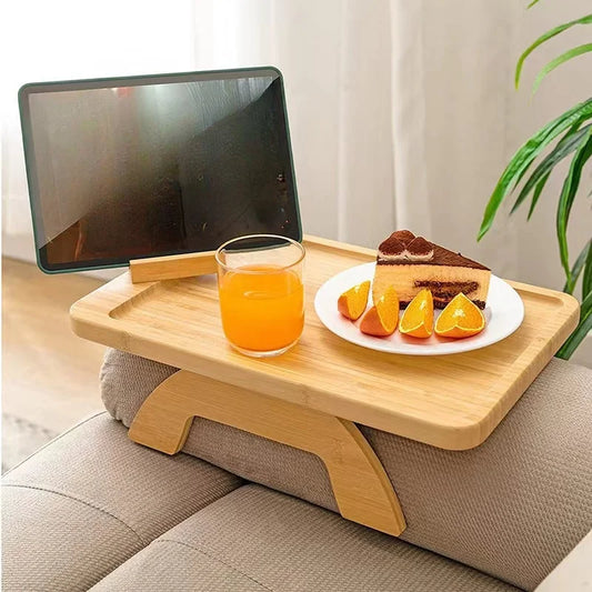 Bamboo Sofa Tray Table - Clip-On Side Table for Couch Arm with Phone Holder