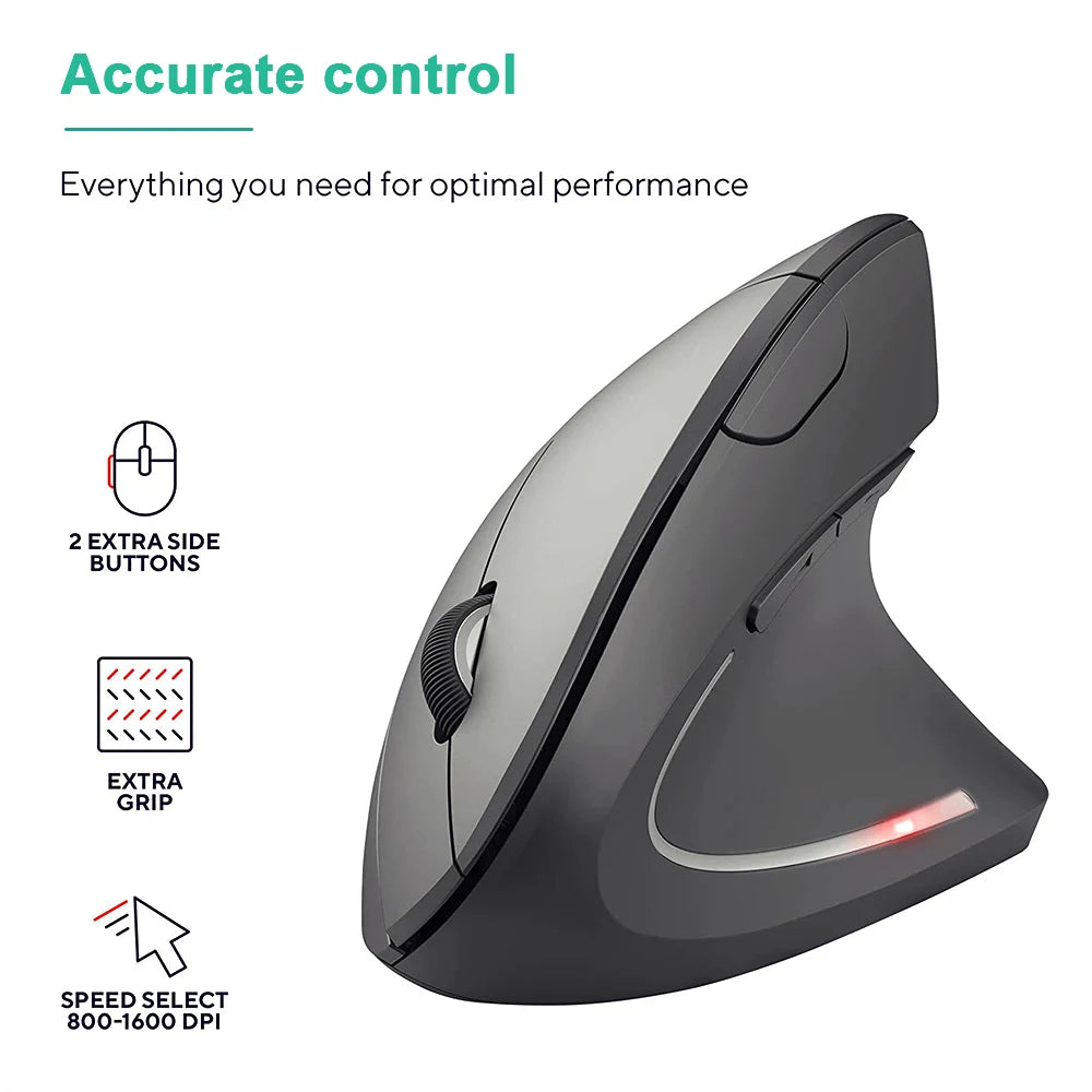 Vertical Ergonomic Wireless Mouse - 2.4GHz Optical, 3 Adjustable DPI (800/1200/1600), 6 Buttons for Laptop, PC, and Desktop