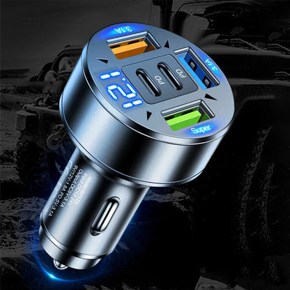 250W 5 Ports Car Charger – Fast Charging PD & QC3.0 USB-C Adapter for iPhone, Samsung, Huawei, Xiaomi