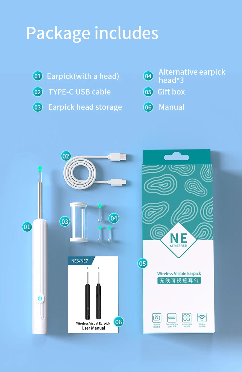 Smart Visual Ear Cleaner with Camera – 1296P Ear Wax Removal Tool with USB-C Charging & 6 LED Lights