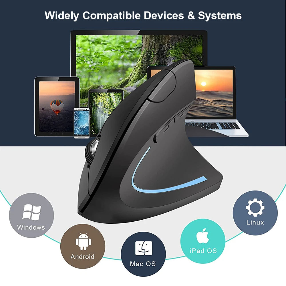 Vertical Ergonomic Wireless Mouse - 2.4GHz Optical, 3 Adjustable DPI (800/1200/1600), 6 Buttons for Laptop, PC, and Desktop