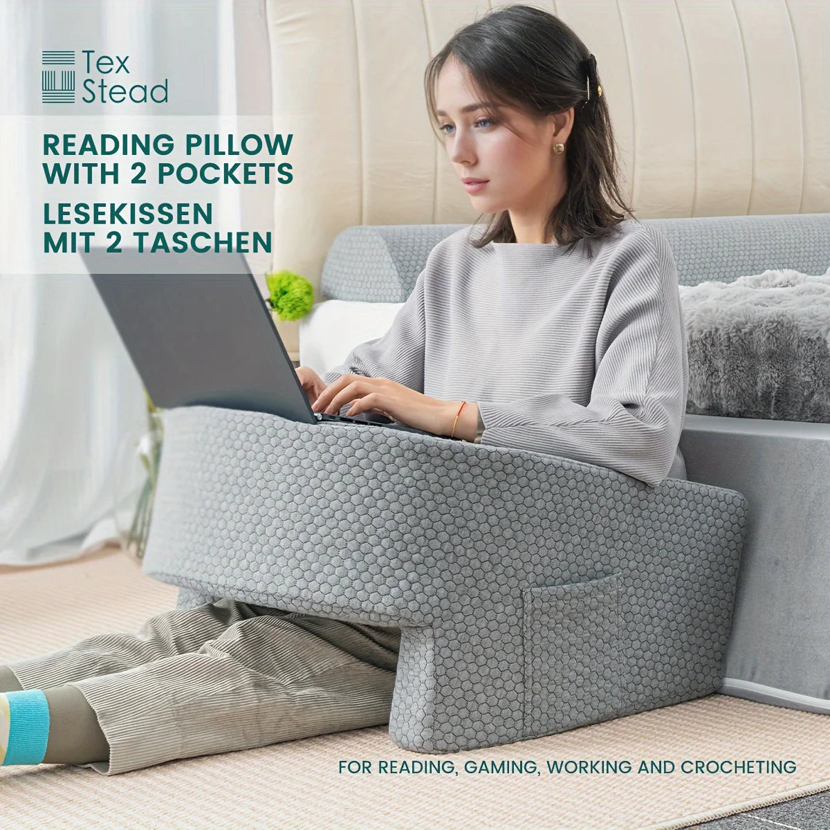 Reading Pillow with Arm Rest and Lap Desk – Perfect for Gaming, Working, and Floor Sitting, with Removable & Washable Cover