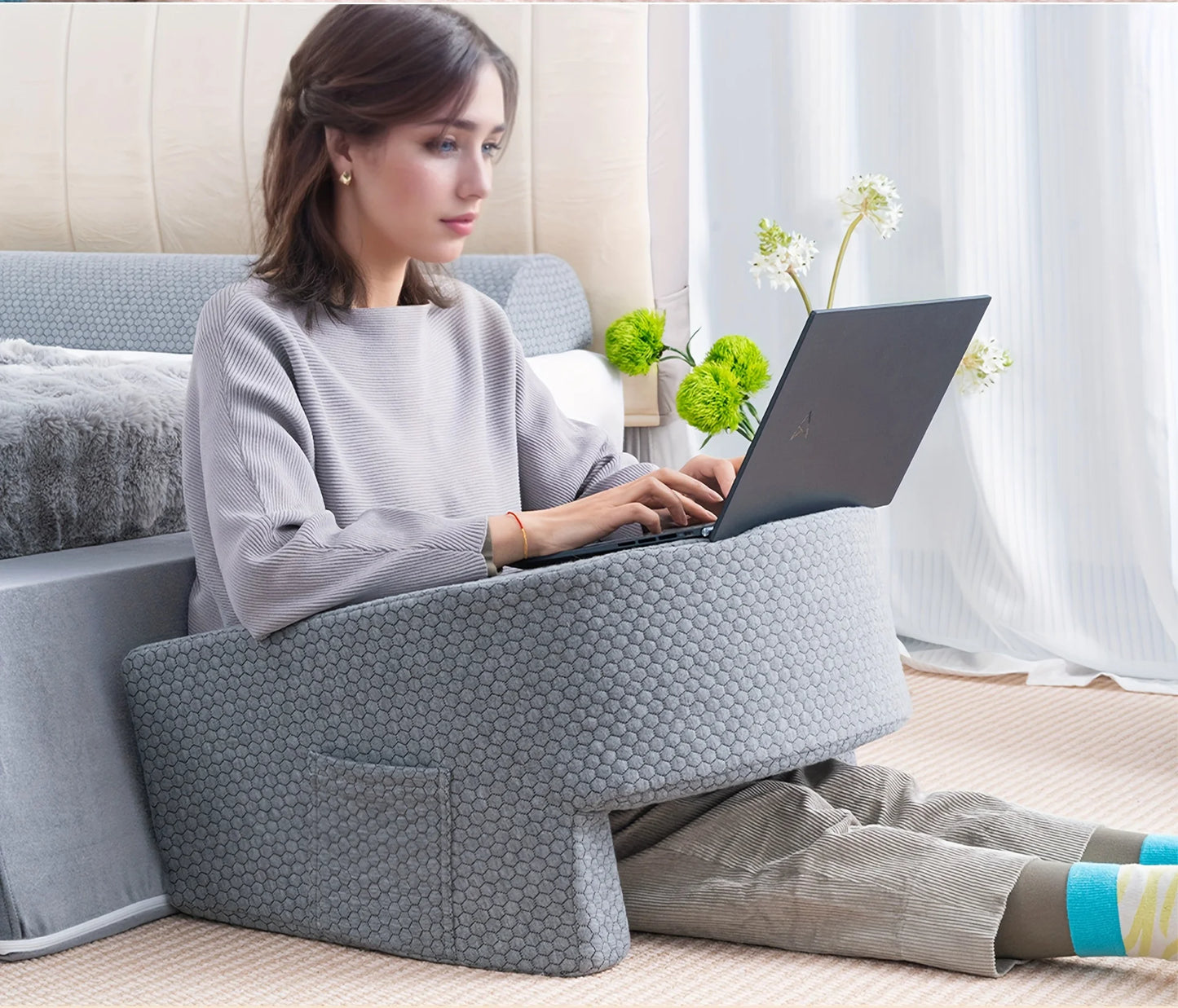 Reading Pillow with Arm Rest and Lap Desk – Perfect for Gaming, Working, and Floor Sitting, with Removable & Washable Cover