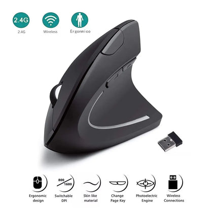 Vertical Ergonomic Wireless Mouse - 2.4GHz Optical, 3 Adjustable DPI (800/1200/1600), 6 Buttons for Laptop, PC, and Desktop