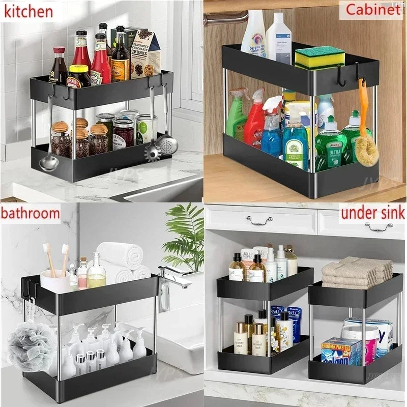 2 Tier Organizer Sliding Cabinet Basket – Storage Rack with Hooks for Bathroom, Kitchen, Under Sink Organization