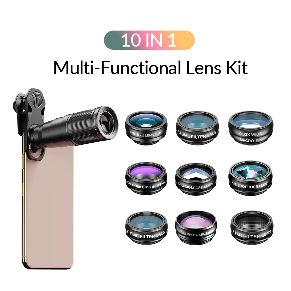 APEXEL 10 in 1 Mobile Phone Lens Kit – 22X Telephoto, Fisheye, Wide Angle, Macro Lens & CPL Star Flow Filters for Smartphones