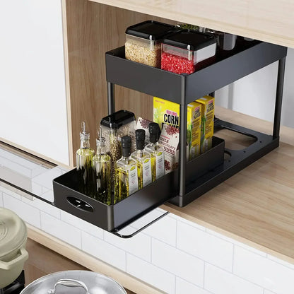 2 Tier Organizer Sliding Cabinet Basket – Storage Rack with Hooks for Bathroom, Kitchen, Under Sink Organization